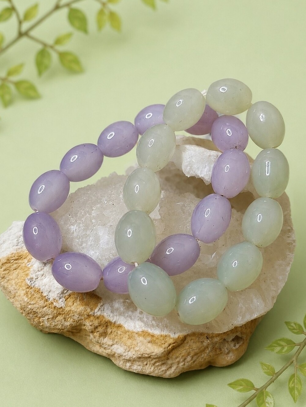 Chalcedony Pale Lavender & Light Jade Green Color Stone Pair Stretch Bracelets